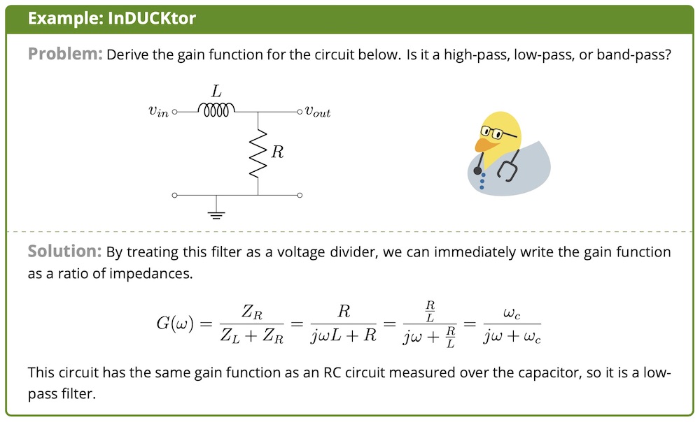 
a worked example from the textbook called inDUCKtor: asks the student to derive the gain function for an RL circuit next to a duck wearing a stethoscope
