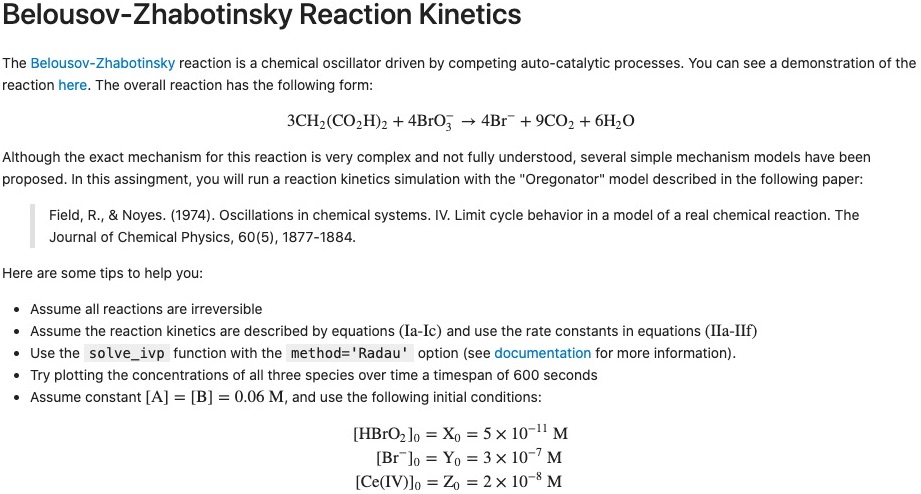 
screenshot of worksheet instructions for the Belousov=Zhabotinsky reaction kinetics: a chemical equation, a paper citation, and a list of assumptions and initial conditions
